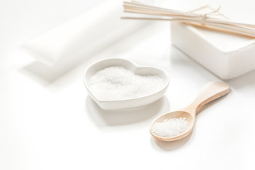 white cosmetic set on desk background