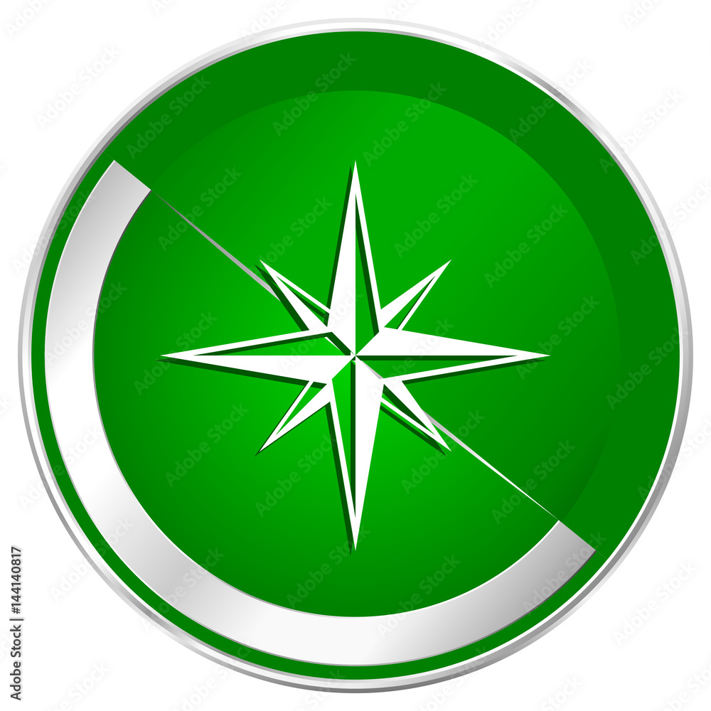 Poster compass silver metallic border green web icon for mobile apps and internet.
