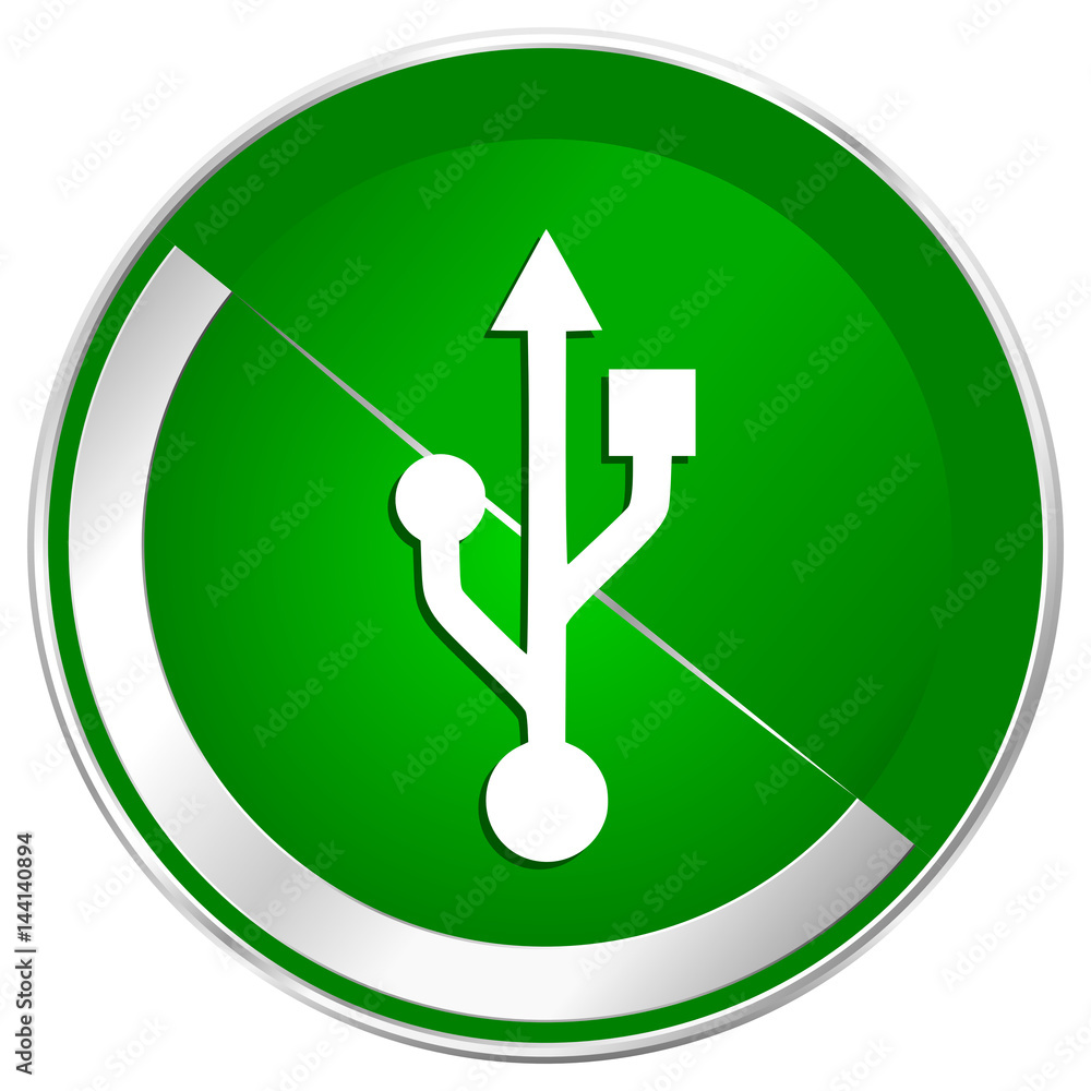 Poster usb silver metallic border green web icon for mobile apps and internet.