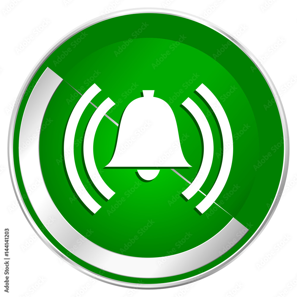Aufkleber alarm silver metallic border green web icon for mobile apps and internet.