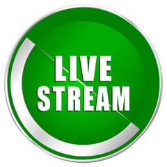 Live stream silver metallic border green web icon for mobile apps and internet.