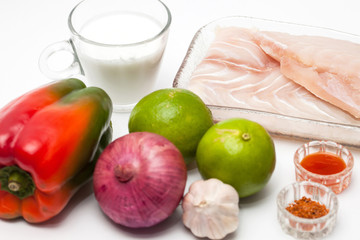 Peruvian ceviche preparation : Ingredients to prepare white fish ceviche