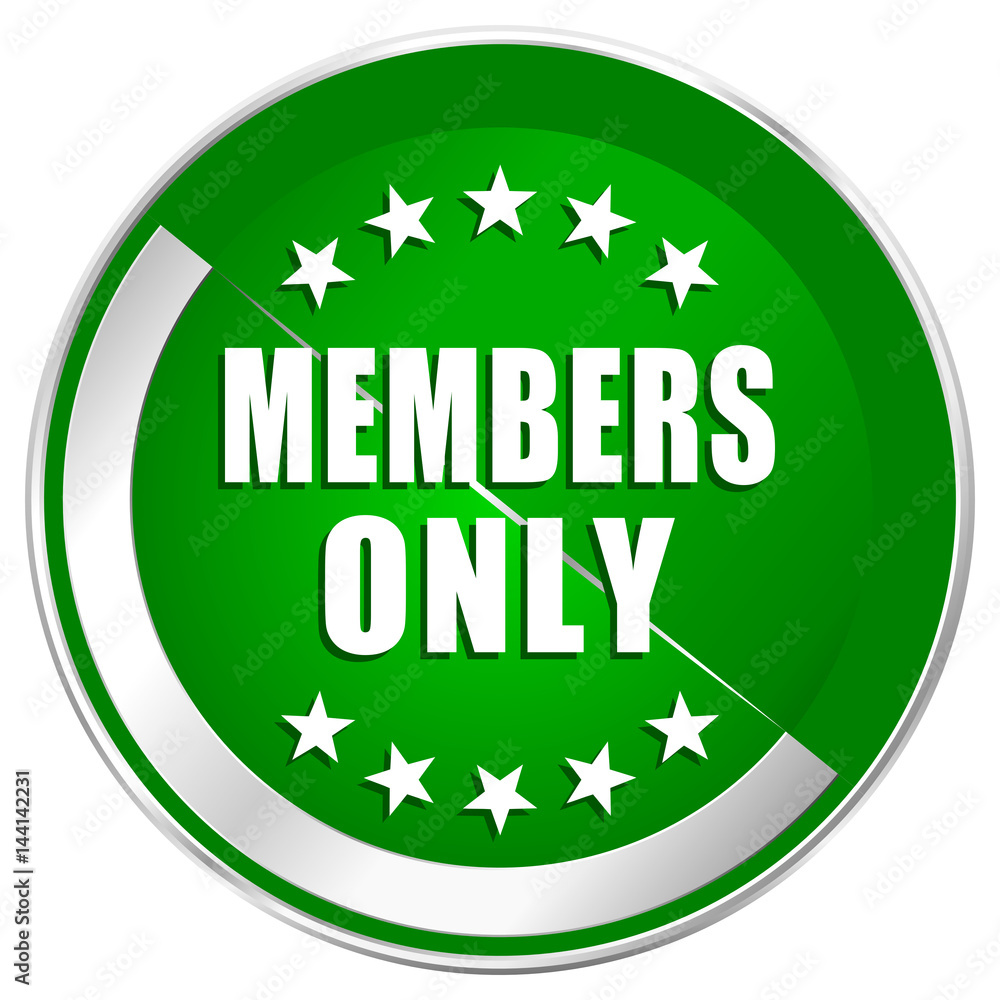 Aufkleber members only silver metallic border green web icon for mobile apps and internet.