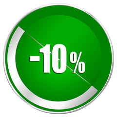 10 percent sale retail silver metallic border green web icon for mobile apps and internet.