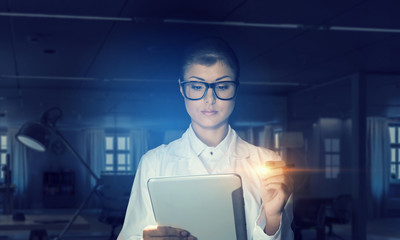 Scientist woman doing research. Mixed media . Mixed media