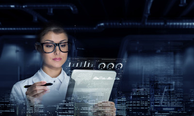 Scientist woman doing research. Mixed media . Mixed media