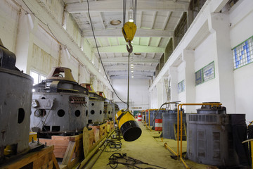 Engines of water pumps at a water pumping station. Pumping irrig
