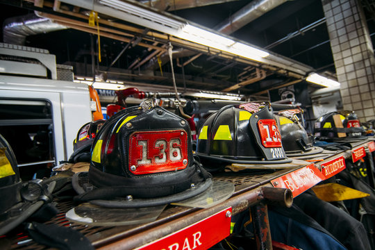 New york firefighters work tool and clothing in the fire station