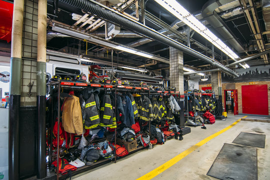 New york firefighters work tool and clothing in the fire station