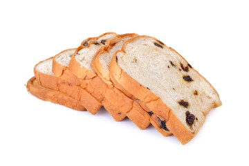 sliced bread with raisin on white background