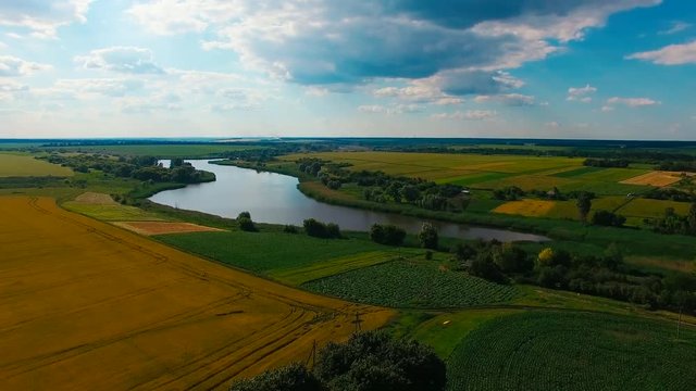 Aerial photography, lake, field, village