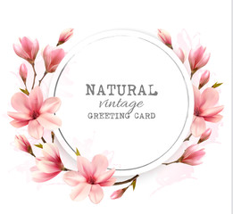 Fototapeta premium Natural vintage greeting card with pink magnolia. Vector.