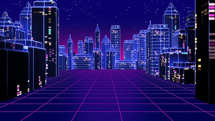 Retro futuristic skyscraper city 1980s style 3d illustration.