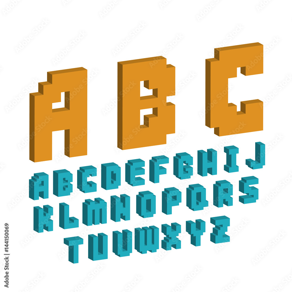 Poster pixel retro font video computer game design 8 bit letters electronic futuristic style vector abc typ