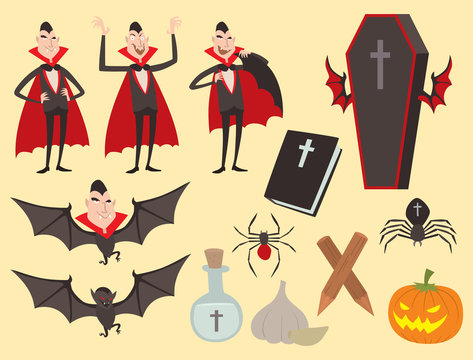 Cartoon dracula vector coffin symbols vampire icons character funny man comic halloween and magic spell witchcraft ghost night devil tale illustration.