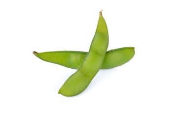 boiled Japanese green soybeans (Edamame-Japanese text) on white background