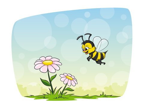 Small honeybee flies to a flower