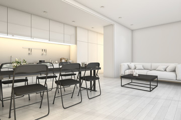 3d rendering white modern kitchen and living area with dining zone