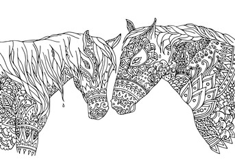 Coloring page in zentangle inspired style. Vector illustration hand-drawn horses (mustang), isolated on white background. Hand drawn sketch for adult antistress coloring page, T-shirt, logo or tattoo