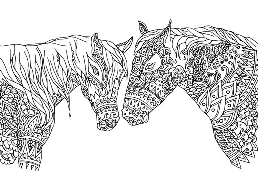Coloring page in zentangle inspired style. Vector illustration hand-drawn horses (mustang), isolated on white background. Hand drawn sketch for adult antistress coloring page, T-shirt, logo or tattoo