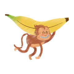 monkey playing with big banana cartoon icon image vector illustration design 
