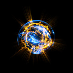 3D Atom icon. Luminous nuclear model on dark background. Glowing energy balls. Molecule structure. Trace atoms and electrons..Physics concept. Microscopic forms. Nuclear reaction element. Supernova