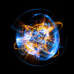 3D Atom icon. Luminous nuclear model on dark background. Glowing energy balls. Molecule structure. Trace atoms and electrons..Physics concept. Microscopic forms. Nuclear reaction element. Supernova