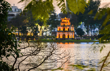 Turtle tower in the center of Hoan kiem lake sunset