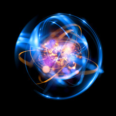 3D Atom icon. Luminous nuclear model on dark background. Glowing energy balls. Molecule structure. Trace atoms and electrons..Physics concept. Microscopic forms. Nuclear reaction element. Supernova