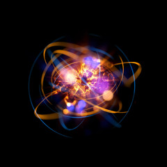 3D Atom icon. Luminous nuclear model on dark background. Glowing energy balls. Molecule structure. Trace atoms and electrons..Physics concept. Microscopic forms. Nuclear reaction element. Supernova