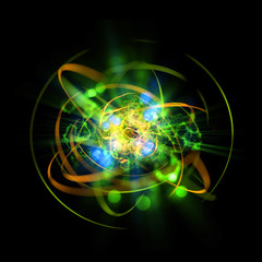 3D Atom icon. Luminous nuclear model on dark background. Glowing energy balls. Molecule structure. Trace atoms and electrons..Physics concept. Microscopic forms. Nuclear reaction element. Supernova