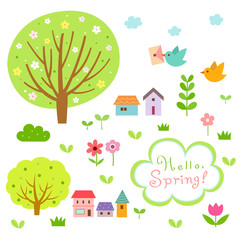 Cute spring village and nature elements set.
