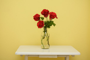 isolated red rose flower with green leaves