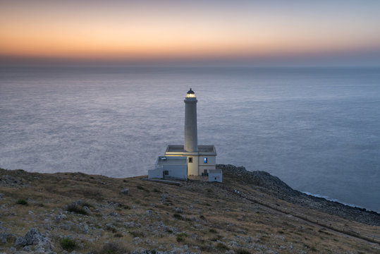 Otranto, province of Lecce, Salento, Apulia, Italy. Dawn at the lighthouse Faro della Palasc&Atilde;&not;a. This lighthouse marks the most easterly point of the Italian mainland.