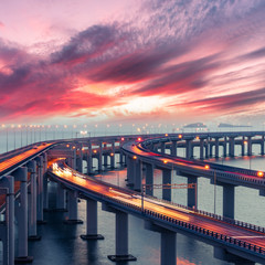 Dalian Cross-Sea Bridge at dusk,landmark of Dalian,China.