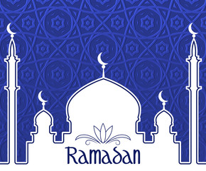 Vector illustration of a white silhouette of an Islamic temple with a crescent on a blue background. Inscription Ramadan decorated with a stylized flower