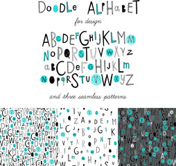 Cute kids alphabet design and set of varied seamless patterns. Vector. - 144162214