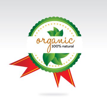 Green and Red Ribbon 100% Organic Product Label and Design Element