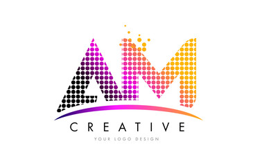 AM A M Letter Logo Design with Magenta Dots and Swoosh