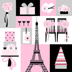 Wedding cake, chairs, flowers. Theme - Paris. Vector illustration.