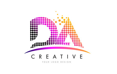 DA D A Letter Logo Design with Magenta Dots and Swoosh