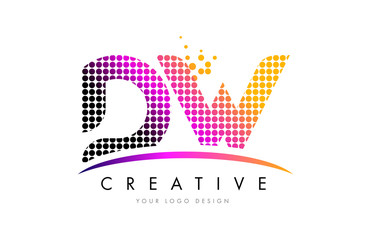 DW D W Letter Logo Design with Magenta Dots and Swoosh