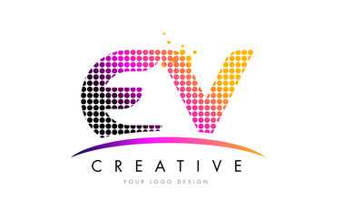 EV E V Letter Logo Design with Magenta Dots and Swoosh