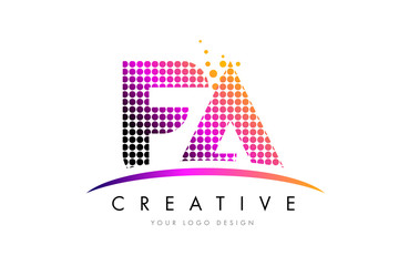 FA F A Letter Logo Design with Magenta Dots and Swoosh