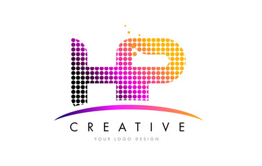 HP H P Letter Logo Design with Magenta Dots and Swoosh