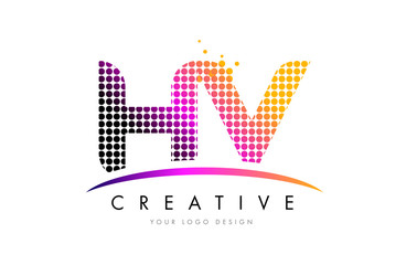 HV H V Letter Logo Design with Magenta Dots and Swoosh