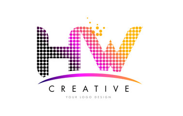 HW H W Letter Logo Design with Magenta Dots and Swoosh