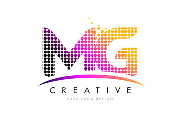 MG M G Letter Logo Design with Magenta Dots and Swoosh