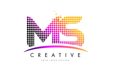 MS M S Letter Logo Design with Magenta Dots and Swoosh