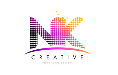 NK N K Letter Logo Design with Magenta Dots and Swoosh